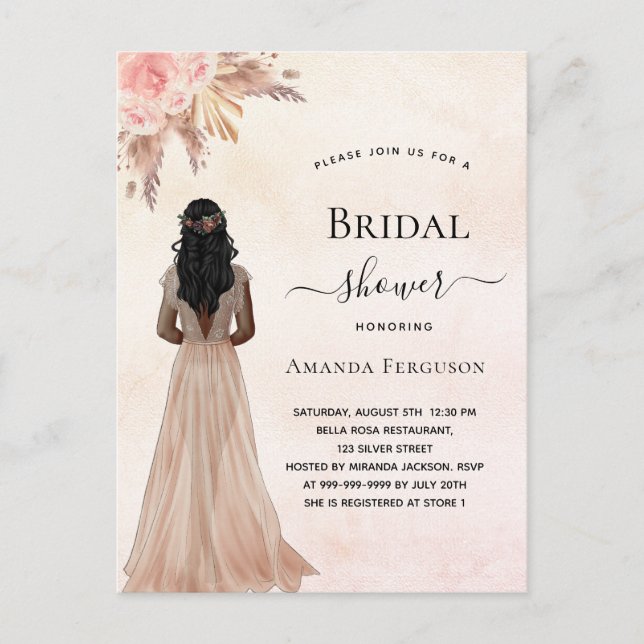 Postal De Invitación Ducha nupcial novia rosa de oro pampas boho (Anverso)
