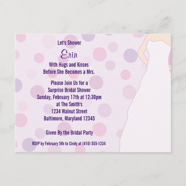 Postal De Invitación Ducha nupcial puntos de polka morado invitan a pos (Anverso)