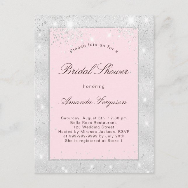 Postal De Invitación Ducha nupcial purpurina rosa plateado elegante (Anverso)