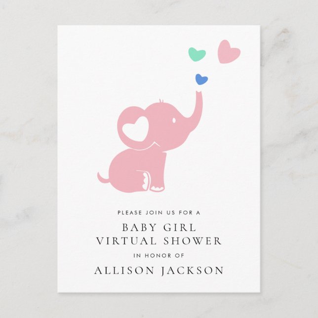 Postal De Invitación Ducha virtual de la niña elefante rosa mínima bebé (Anverso)
