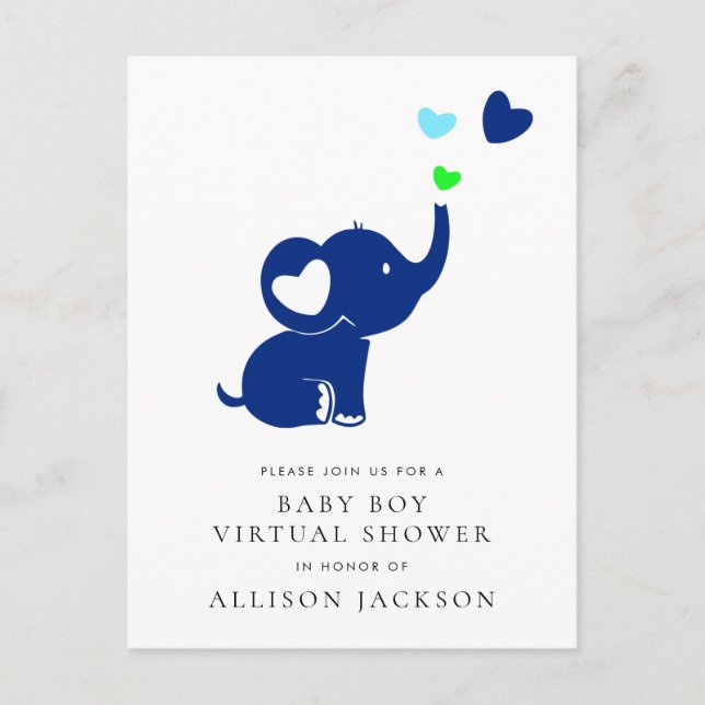 Postal De Invitación Ducha virtual del niño pequeño elefante azul mínim (Anverso)