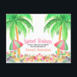 Postal De Invitación Dulce 16 acuarela Hawái Cumpleaños Temático<br><div class="desc">Dulce 16 invitaciones de cumpleaños con temática hawaiana en acuarelas de bonito. Esta dulce invitación de 16 postales tiene palmeras balanceadas y un bufé de playa con sombrillas rosas y verdes. Ideal para una fiesta de fondo hawaiana, ofrece un festín de frutas tropicales, cócteles de coco y piña, rodajas de...</div>