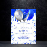 Postal De Invitación Dulce 16 drips purpurinas de globos blancos reales<br><div class="desc">Un fondo blanco. Decorado con purpurina falso azul real gotea pintura,  chispas. Globos reales azules y falsos de plata. Personalice y agregue un nombre y detalles del fiesta. El nombre se escribe con un guión de estilo con letras a mano. Fondo azul real.</div>