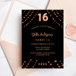 Postal De Invitación Dulce 16 estrellas de oro rosa negro elegante<br><div class="desc">Para una elegante fiesta de 16 y 16 años. Un fondo negro. Decorado con estrellas de oro rosa. Personalice y añada un nombre,  detalles del fiesta,  año de nacimiento. El nombre se escribe con un guión de estilo con letras a mano</div>