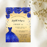 Postal De Invitación Dulce 16 florales de purpurina de oro azul real<br><div class="desc">Una invitación moderna, elegante y glamurosa para una fiesta de 16 y 16 años. Un fondo dorado falso con brillantes azules falsos y un vestido azul real y rosas, flores. El nombre está escrito con una escritura de estilo con letras a mano moderna. Personalice y agregue los detalles de su...</div>