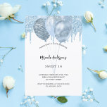 Postal De Invitación Dulce 16 globos azules blancos purpurinas gotean<br><div class="desc">Un fondo blanco. Decorada con tonalidades purpurinas de color azul claro,  pinturas de goteo y globos. Personalizar y un nombre y detalles del fiesta.</div>