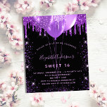 Postal De Invitación Dulce 16 globos purpurina morado negro glamorus<br><div class="desc">Para un elegante dulce 16, 16 cumpleaños. Un elegante fondo negro. Decorada con purpurina falso morado y globos. Personalice y agregue un nombre, edad y detalles del fiesta. El nombre está escrito con un guión de estilo con letras a mano Back: postcard design. Sugerencia: Si no desea que se vea...</div>