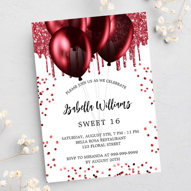 Postal De Invitación Dulce 16 globos rojos blanco (Subido por el creador)