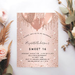 Postal De Invitación Dulce 16 gotas rosas de purpurina dorado globos 16<br><div class="desc">Para un elegante dulce 16, 16 cumpleaños. Un rosa de oro falso de aspecto metálico. Decorada con oro rosa, goteos en purpurina de imitación rosada, pinturas y globos. Personalice y agregue un nombre, edad y detalles del fiesta. El nombre se escribe con un guión de estilo con letras a mano...</div>