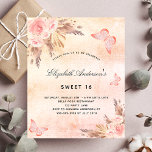 Postal De Invitación Dulce 16 pampas mariposa pampa rubia<br><div class="desc">Un fondo de color oro rosa, color rosa oscuro, fino y de aspecto metálico. Decorada con rosa de oro y flores rosadas, rosas, pampas y mariposas. Personalice y agregue un nombre y detalles del fiesta. Sugerencia: Si no desea que se vea como una postal, haga clic en personalizar, vaya a...</div>