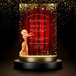 Postal De Invitación Dulce 16 purpurina rojo fiesta de película de vest<br><div class="desc">Una invitación moderna, elegante y glamurosa para una fiesta de 16, 16 años, tema de Hollywood. Un fondo rojo con un polvo falso purpurina de oro, un chica con un vestido dorado. Una cortina de película roja como fondo El nombre está escrito con un guión de estilo moderno con letras...</div>