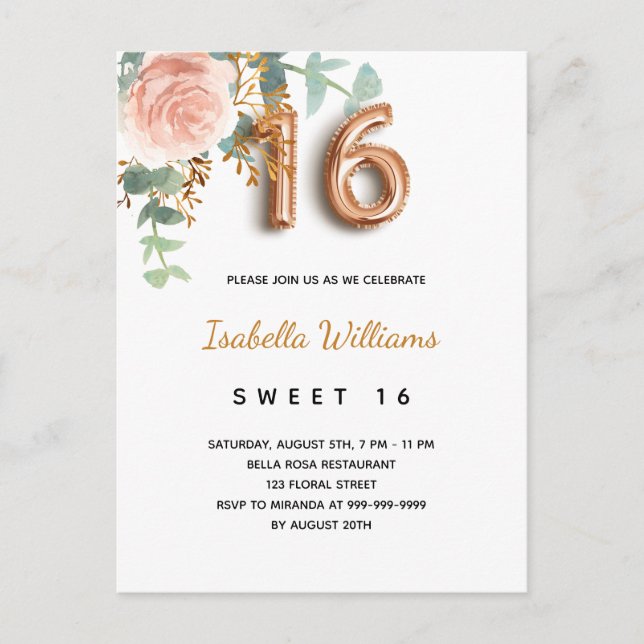 Postal De Invitación Dulce 16 rosa floral oro eucalipto verde (Anverso)