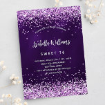 Postal De Invitación Dulce 16 rosa morado purpurina glamoroso<br><div class="desc">Una invitación moderna, elegante y glamurosa para una fiesta de 16 y 16 años. Un fondo de color violeta profundo con un falso purpurina rosado, confetti. El color púrpura es desigual. El nombre está escrito con una escritura de estilo con letras a mano moderna. Personalice y agregue los detalles de...</div>