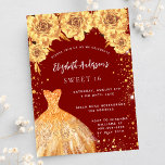 Postal De Invitación Dulce 16 rosas de vestimenta de purpurinas de oro<br><div class="desc">Una invitación moderna, elegante y glamurosa para una fiesta de 16 y 16 años. Un fondo rojo con un polvo falso purpurina de oro, un vestido y rosas dorados, flores. El nombre está escrito con una escritura de estilo con letras a mano moderna. Personalice y agregue los detalles de su...</div>