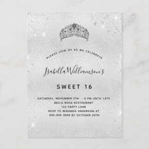Postal De Invitación Dulce 16 tiara purpurina de plata