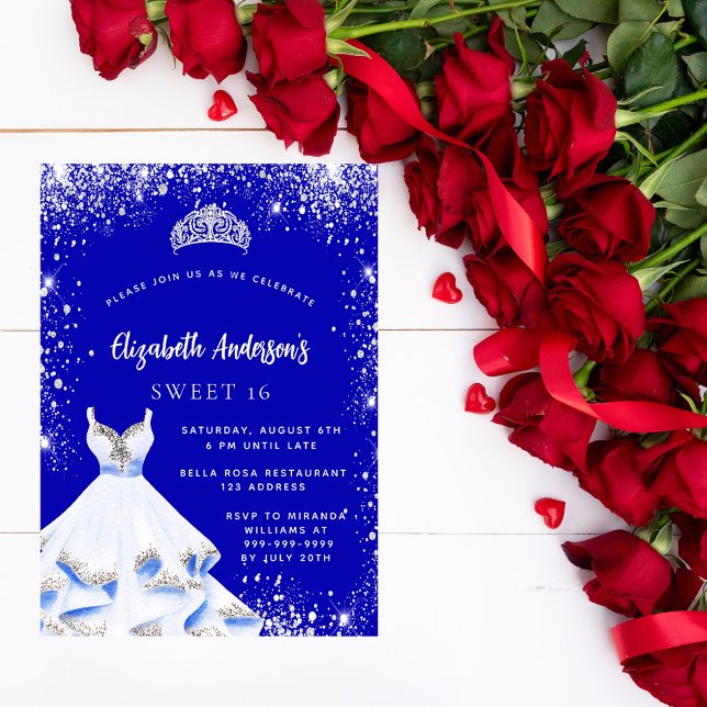 Postal De Invitación Dulce 16 vestido real azul plata tiara glamoroso (Subido por el creador)