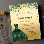 Postal De Invitación Dulce 16 vestido verde esmeralda elegante fiesta<br><div class="desc">Una invitación moderna, elegante y glamurosa para una fiesta de 16 y 16 años. En la parte delantera: un fondo de imitación dorado con confiti verde, un vestido verde esmeralda. El nombre está escrito con una escritura de estilo con letras a mano moderna. Personalice y agregue los detalles de su...</div>