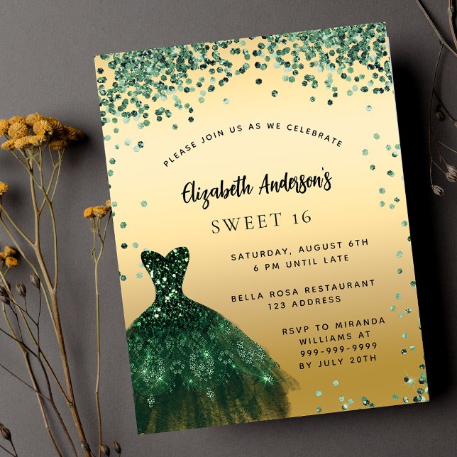 Postal De Invitación Dulce 16 vestido verde esmeralda elegante fiesta (Subido por el creador)