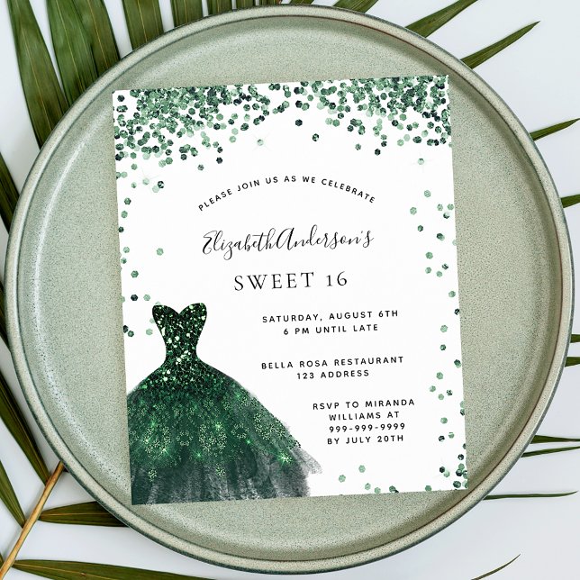 Postal De Invitación Dulce 16 vestido verde esmeralda purpurina glamoro (Subido por el creador)