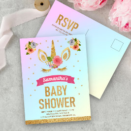 Postal De Invitación Dulce Cara de Unicornio Mágico con Brillo Dorado B