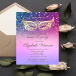 Postal De Invitación Dulce colorido Purpurina de diamantes de mascarada<br><div class="desc">Los diamantes de oro y la masque en un fondo sombrío.</div>
