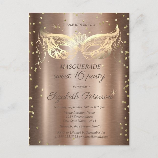Postal De Invitación Dulce de cobre de oro de mascarada 16 (Anverso)