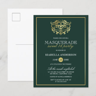 Postal De Invitación Dulce de la mascarada de oro y verde esmeralda 16