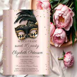 Postal De Invitación Dulce de la mascarada negra de oro Rosa de diamant