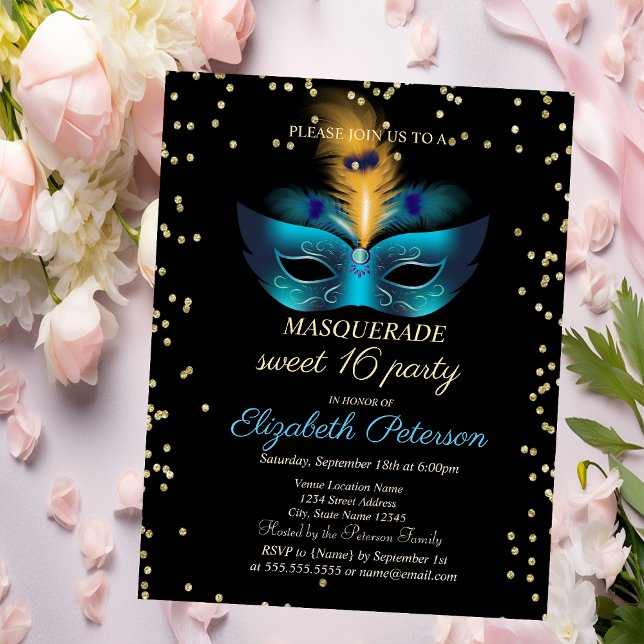 Postal De Invitación Dulce de Masque Azul de Diamantes Mascarada 16 (Subido por el creador)