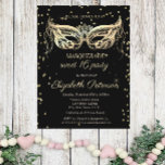 Postal De Invitación Dulce de oro de mascarada 16<br><div class="desc">Diamantes de oro y máscaras sobre fondo negro.</div>