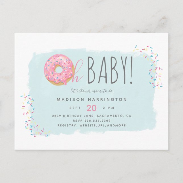 Postal De Invitación Dulce Donut Rosa Sprinkle Moderno Oh Baby Shower (Anverso)