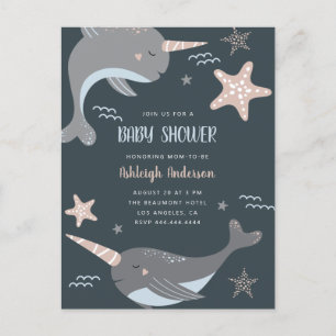 Postal De Invitación Dulce Narwhal Baby Shower con temas náuticos
