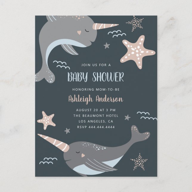 Postal De Invitación Dulce Narwhal Baby Shower con temas náuticos (Anverso)