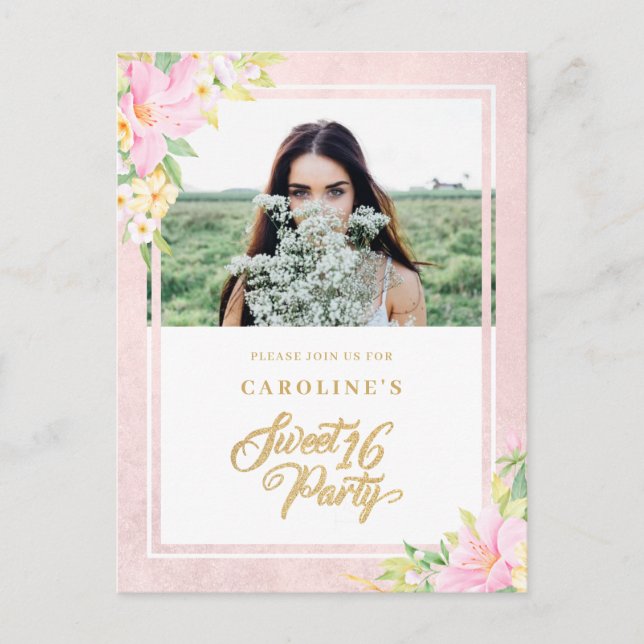 Postal De Invitación Dulce Presupuestario Dieciséis Elegante Foto Flora (Anverso)