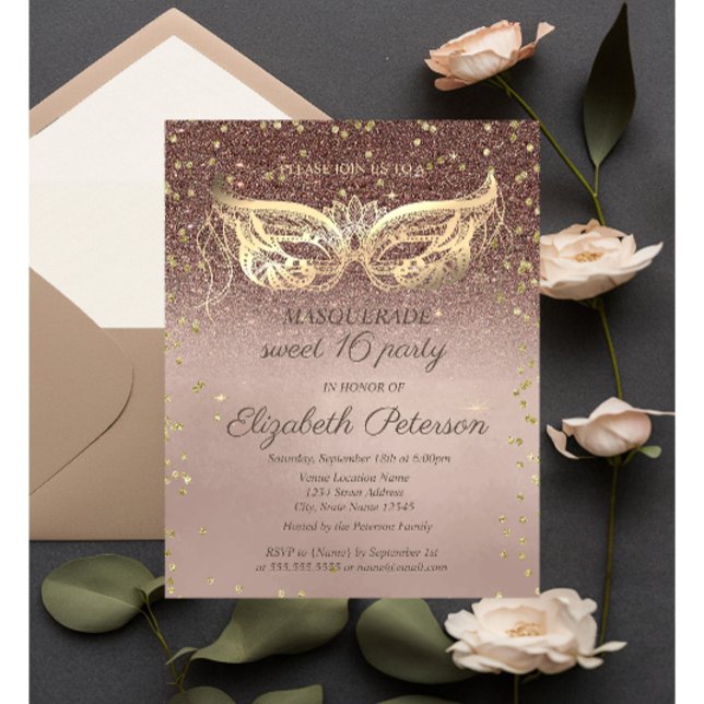 Postal De Invitación Dulce Purpurina de diamantes de máscaras 16 Invita (Subido por el creador)