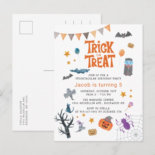 Postal De Invitación Dulce truco o trato de Halloween 5º cumpleaños (Anverso / Reverso)