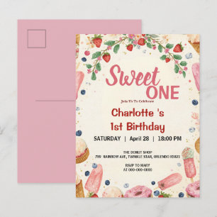 Postal De Invitación Dulce Uno Cumpleaños Fresa Donut Helado