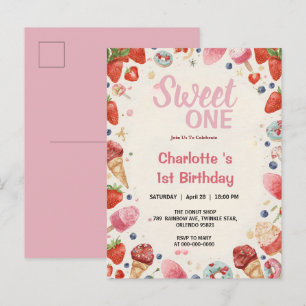 Postal De Invitación Dulce Uno Cumpleaños Fresa Donut Helado