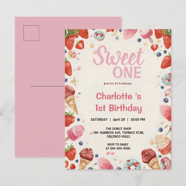 Postal De Invitación Dulce Uno Cumpleaños Fresa Donut Helado  (Anverso / Reverso)