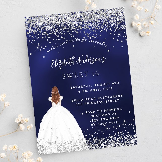 Postal De Invitación Dulce vestido 16 purpurina azul marino blanco (Subido por el creador)