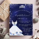 Postal De Invitación Dulce vestido 16 purpurina de plata azul tiara gla<br><div class="desc">Una invitación moderna, elegante y glamurosa para una fiesta de 16 y 16 años. Un fondo azul de medianoche con polvo falso purpurina de plata, una tiara y un vestido. El color azul es desigual. El nombre está escrito con una escritura de estilo con letras a mano moderna. Personalice y...</div>