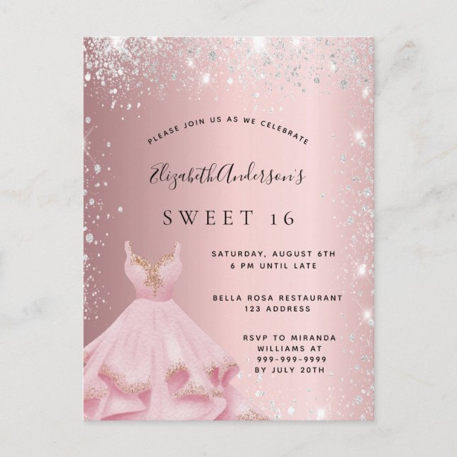 Postal De Invitación Dulce vestido de plata rosa rosa 16 (Anverso)