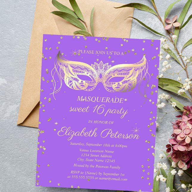 Postal De Invitación Dulce violeta de oro de mascarada 16 (Subido por el creador)