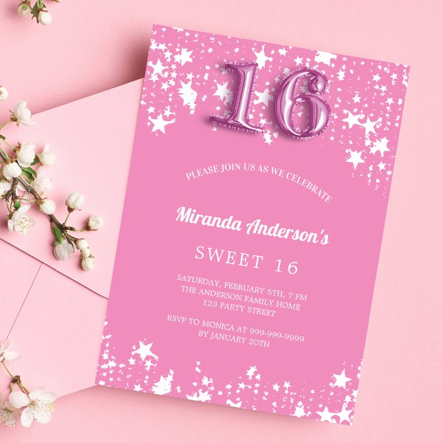 Postal De Invitación Dulces 16 estrellas blancas rosas (Subido por el creador)