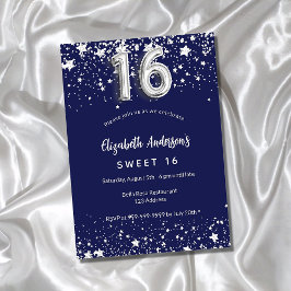 Postal De Invitación Dulces 16 estrellas de plata azul marino
