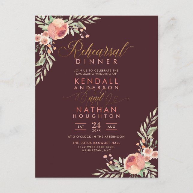 Postal De Invitación Dulces Rosas Acuarela Ensayo Floral Cena (Anverso)