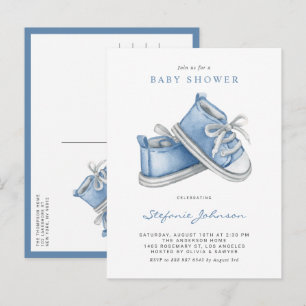 Postal De Invitación Dulces Zapatitos de Bebé en Acuarela Azul para Bab