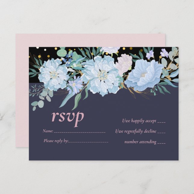 Postal De Invitación Duste azul Rubor Boda floral rosa presupuesto (Anverso / Reverso)