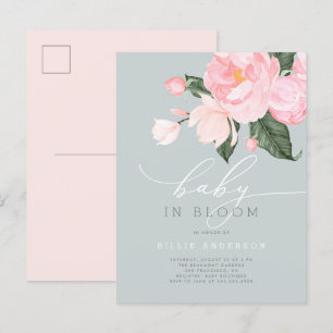 Postal De Invitación Duste azul Rubor Floral Baby en una ducha florecie