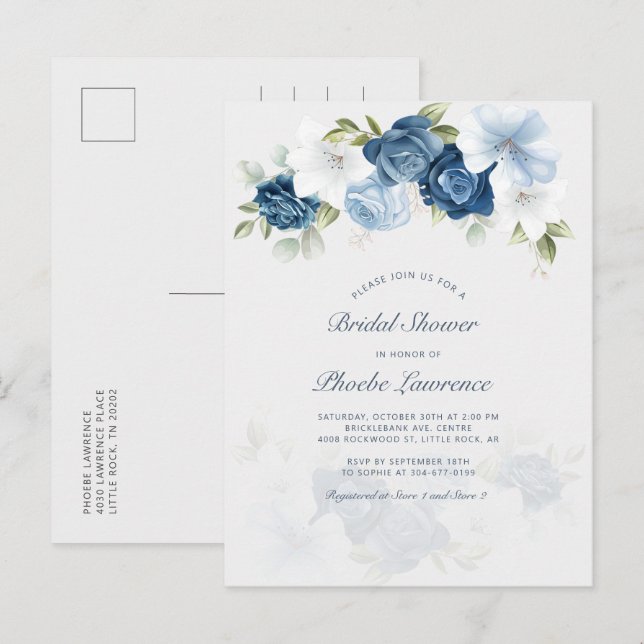 Postal De Invitación Duste Blue Botanical Floral Bridal Shower (Anverso / Reverso)